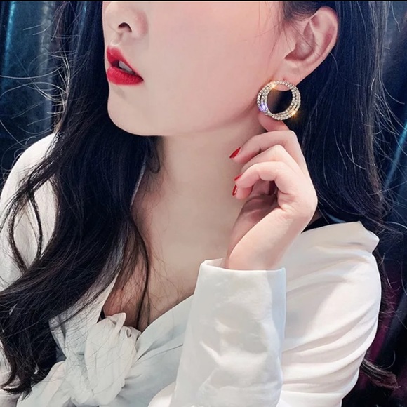 Gold Tone Rhinestone Circle Earrings - Picture 2 of 5